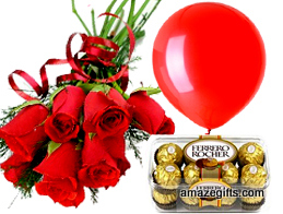  6 red roses 16 Ferrero rocher chocolates 1 red balloon
